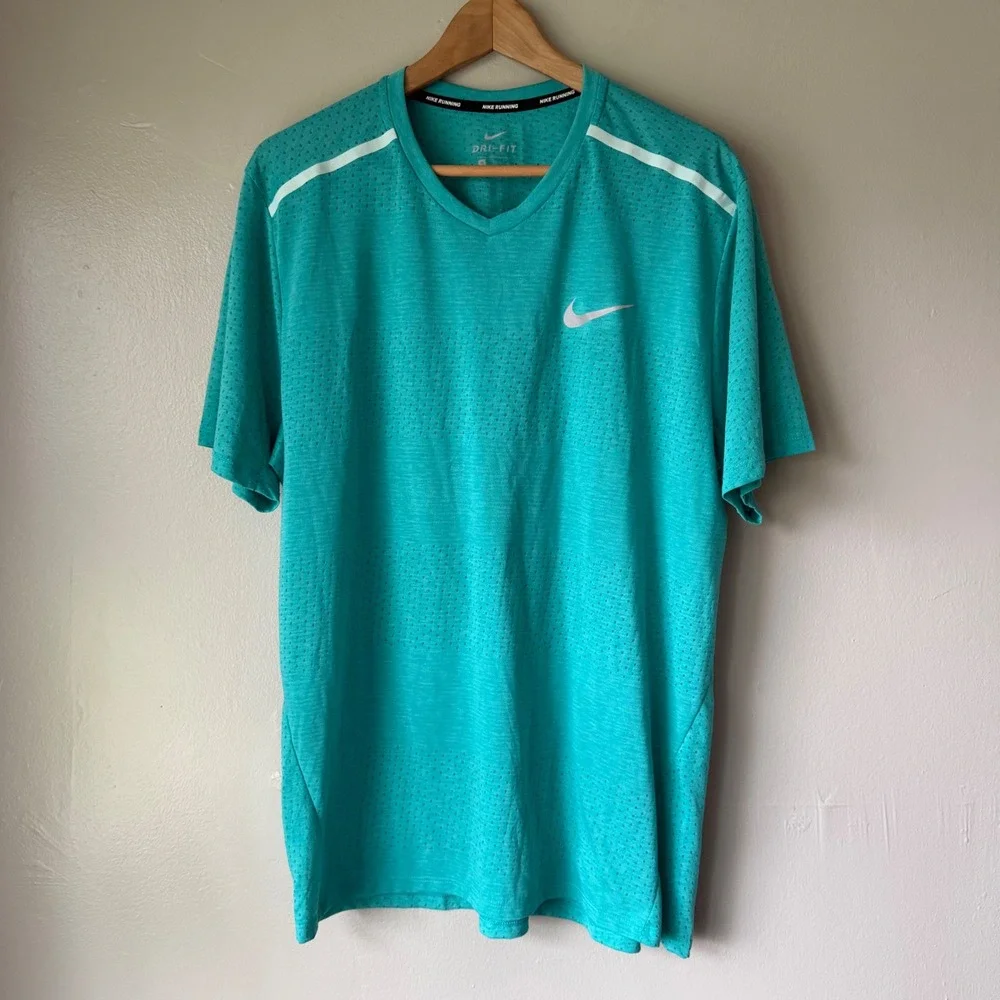 Nike Running Dri-FIT Shirt Mens XL Teal Heather V-Neck Perforated Mesh Training